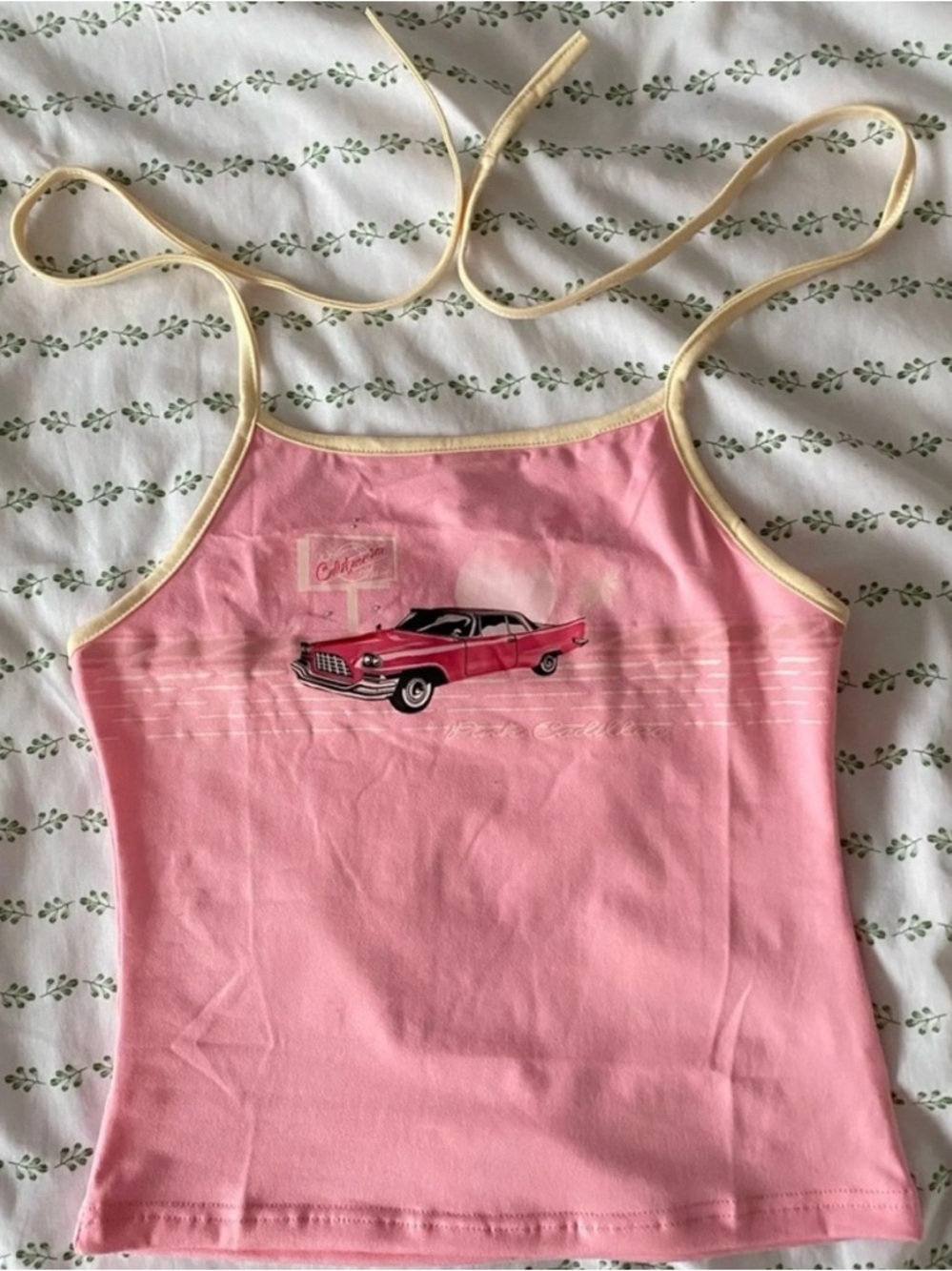 Cadillac Pink Y2K Halter Tank yellow ties with Red Car Graphic cute rhinestone